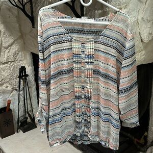 3X American Rag blouse, white with navy aqua and blush pattern